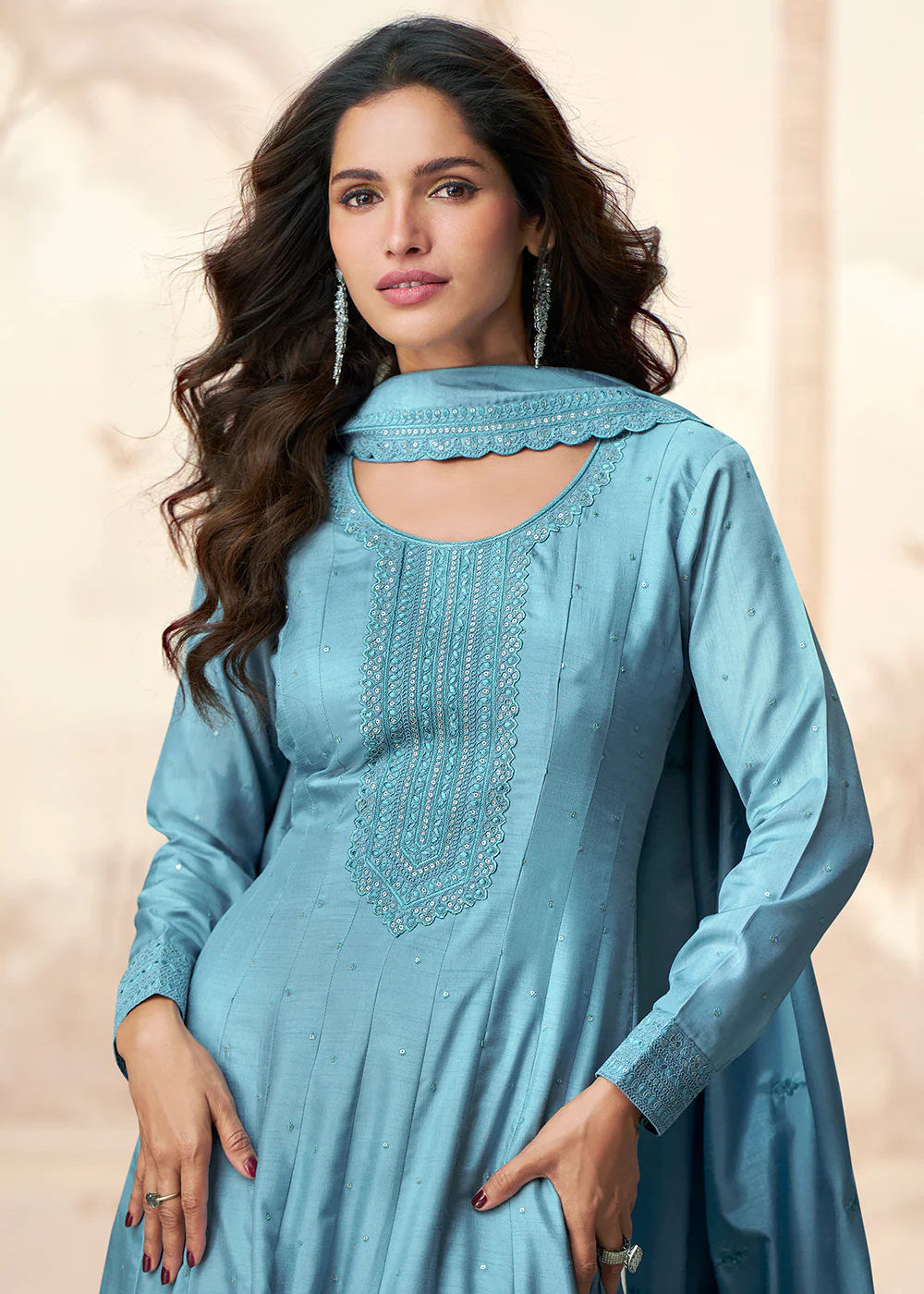 Premium Silk Blue Embroidered Wedding Wear Anarkali Suit - Image 2