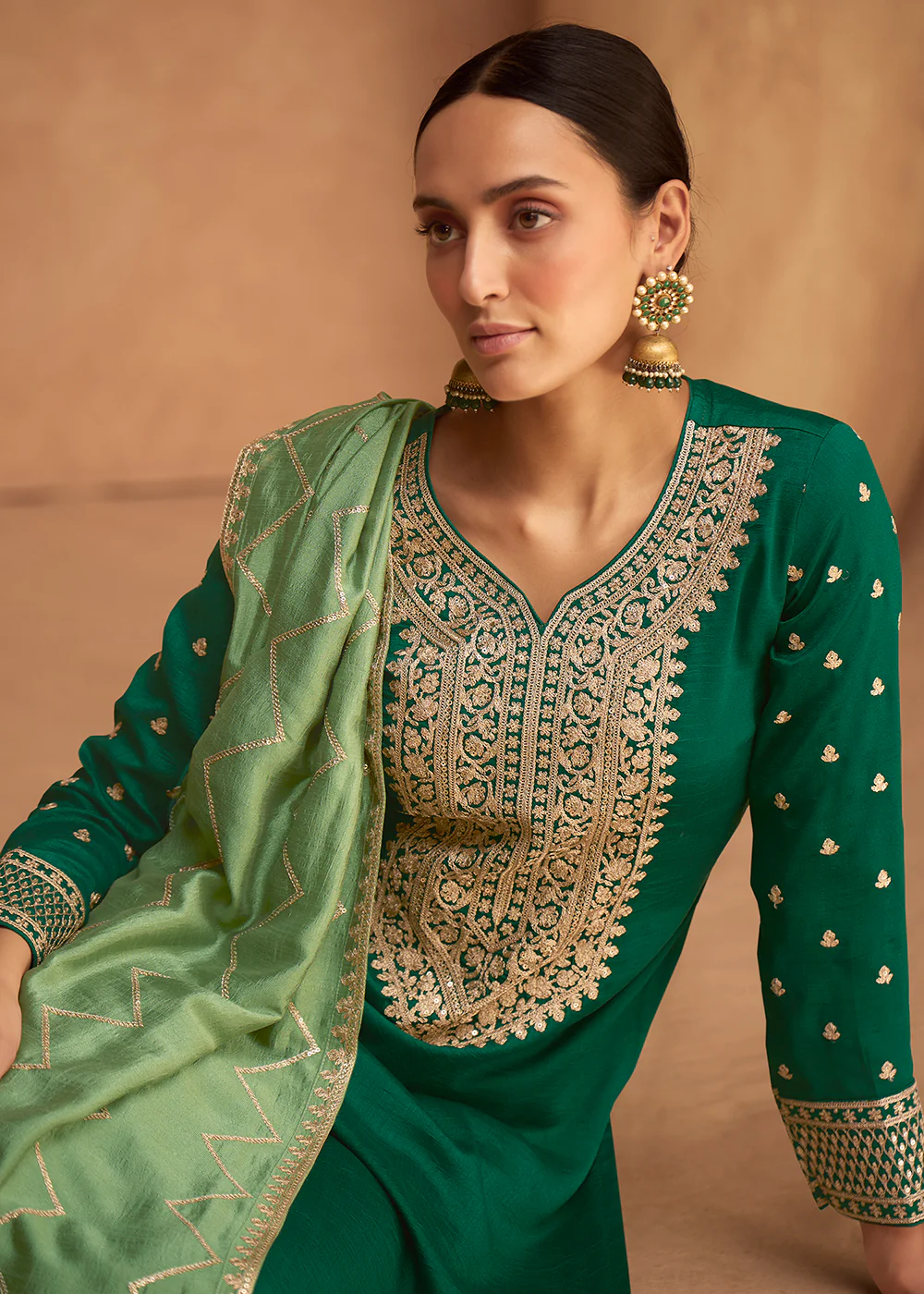 Premium Silk Dark Green Festive Wear Palazzo Salwar Suit - Image 2