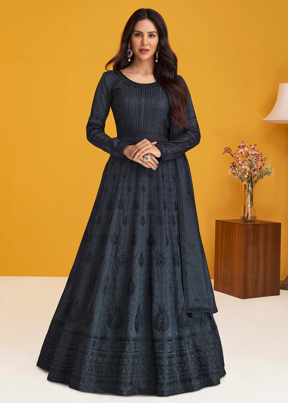 Premium Silk Dark Grey Embroidered Wedding Anarkali Suit