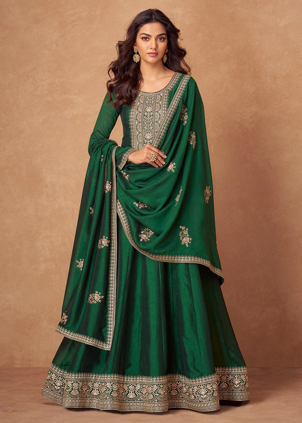 Premium Silk Green Embroidered Festive Wear Anarkali Suit - Image 3