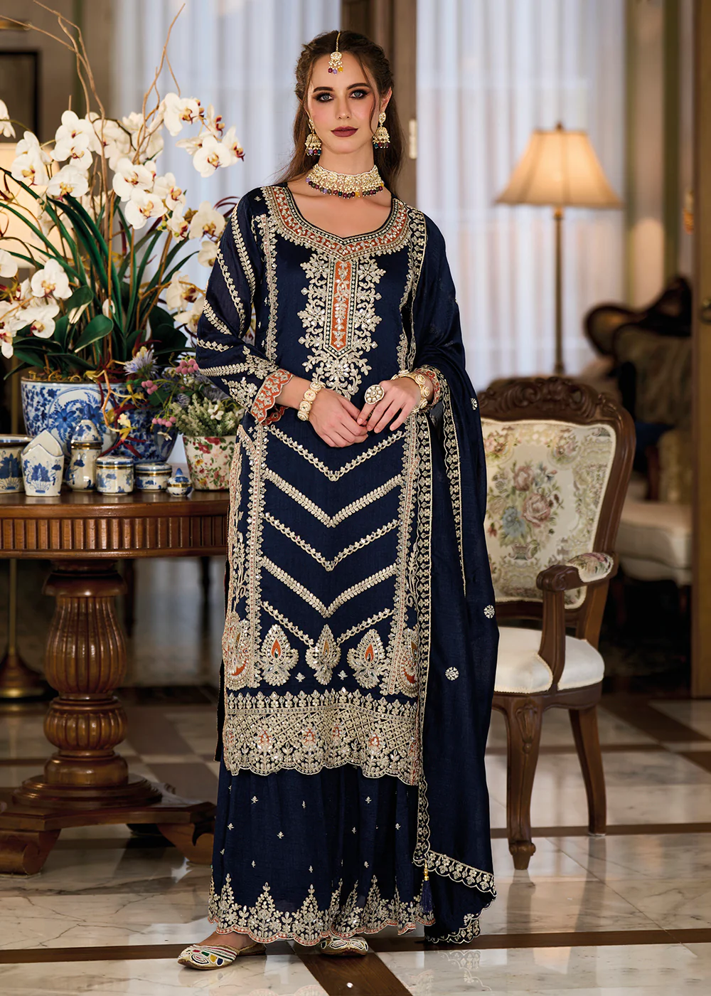 Premium Silk Navy Blue Embroidered Wedding Sharara Suit