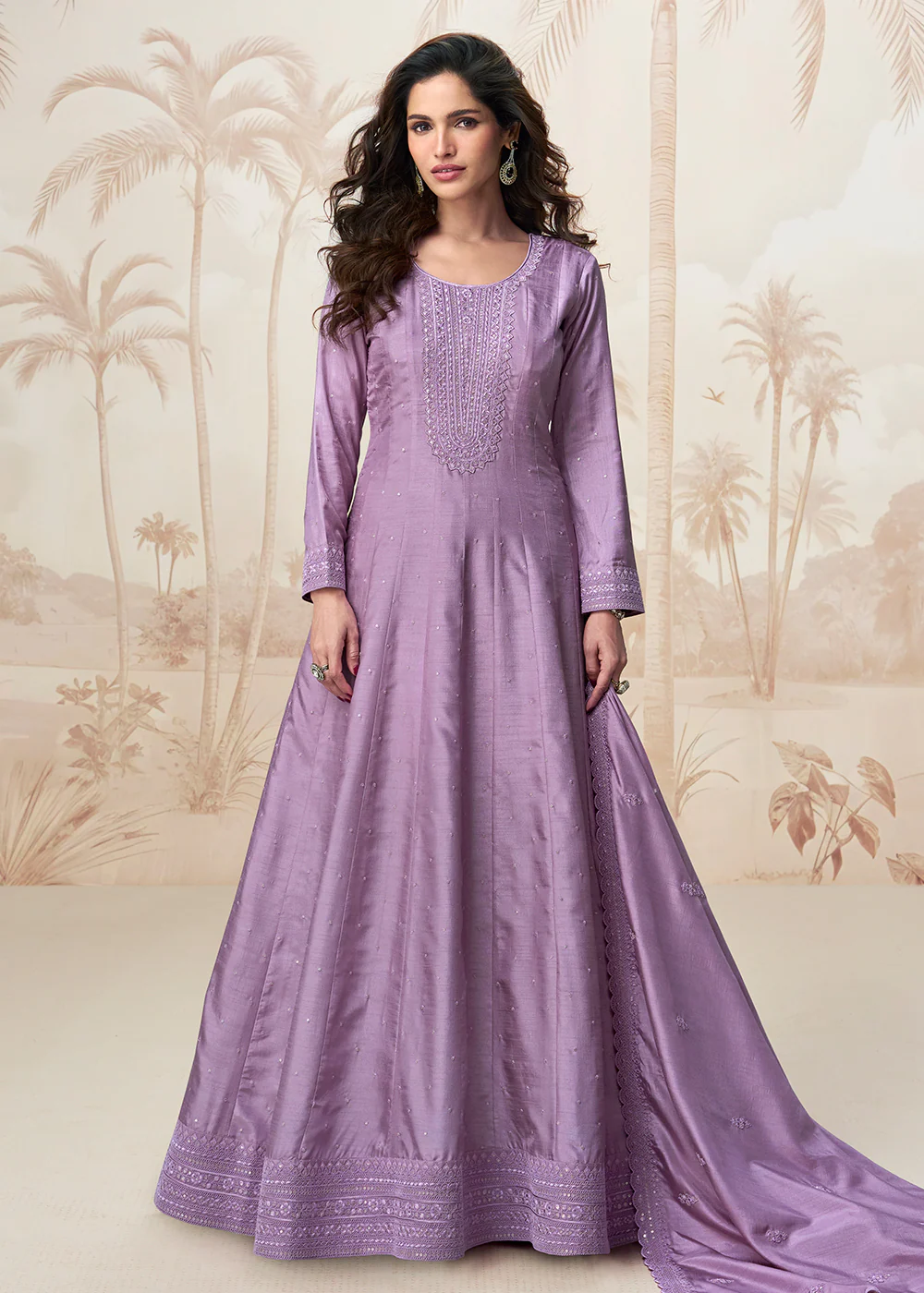 Premium Silk Lavender Embroidered Wedding Wear Anarkali Suit - Image 3