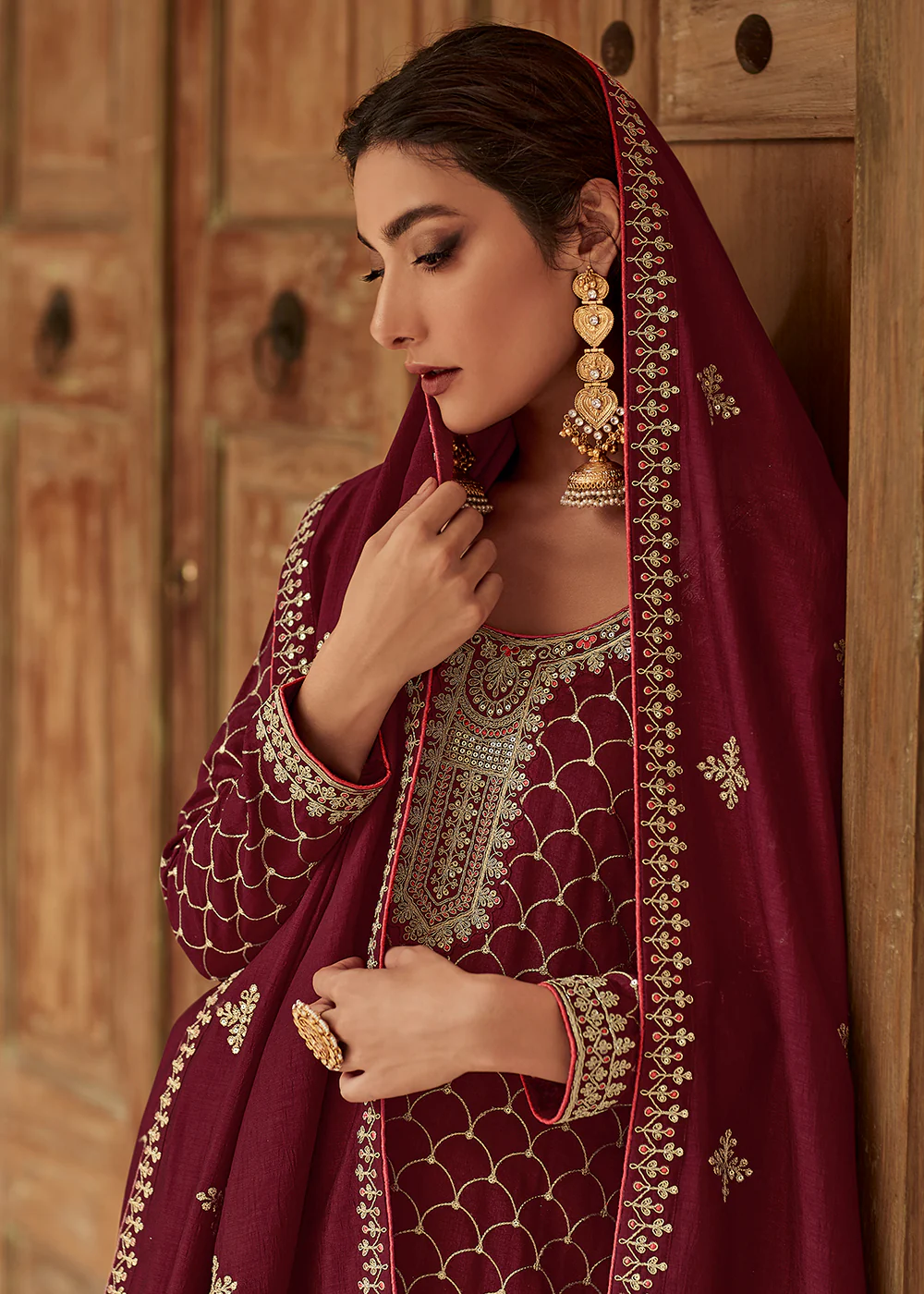 Premium Silk Maroon & Gold Embroidered Indian Salwar Kameez - Image 2