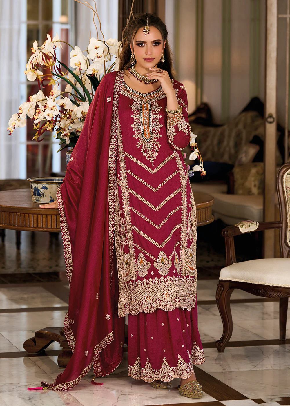 Premium Silk Hot Pink Embroidered Wedding Sharara Suit