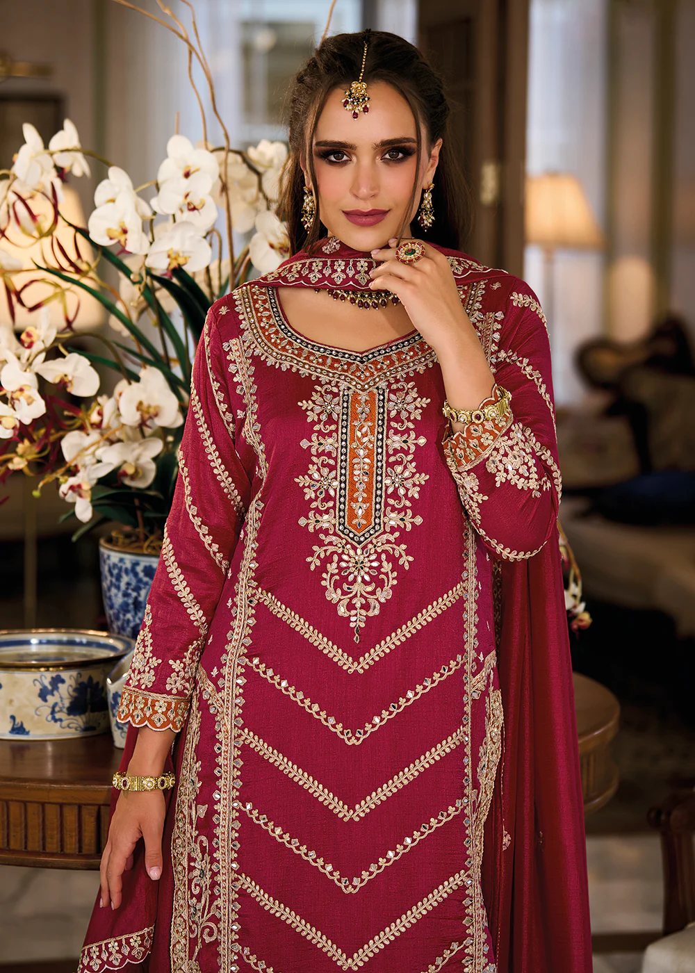 Premium Silk Hot Pink Embroidered Wedding Sharara Suit - Image 2
