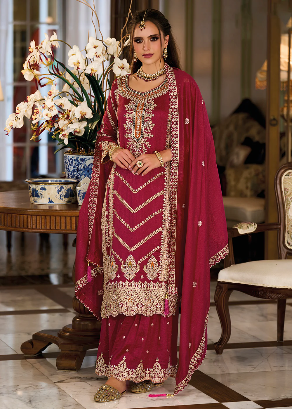 Premium Silk Hot Pink Embroidered Wedding Sharara Suit - Image 3