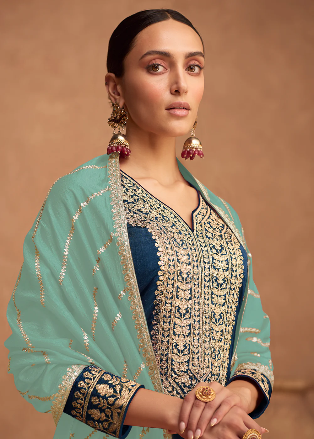 Premium Silk Navy Blue Festive Wear Palazzo Salwar Suit - Image 2