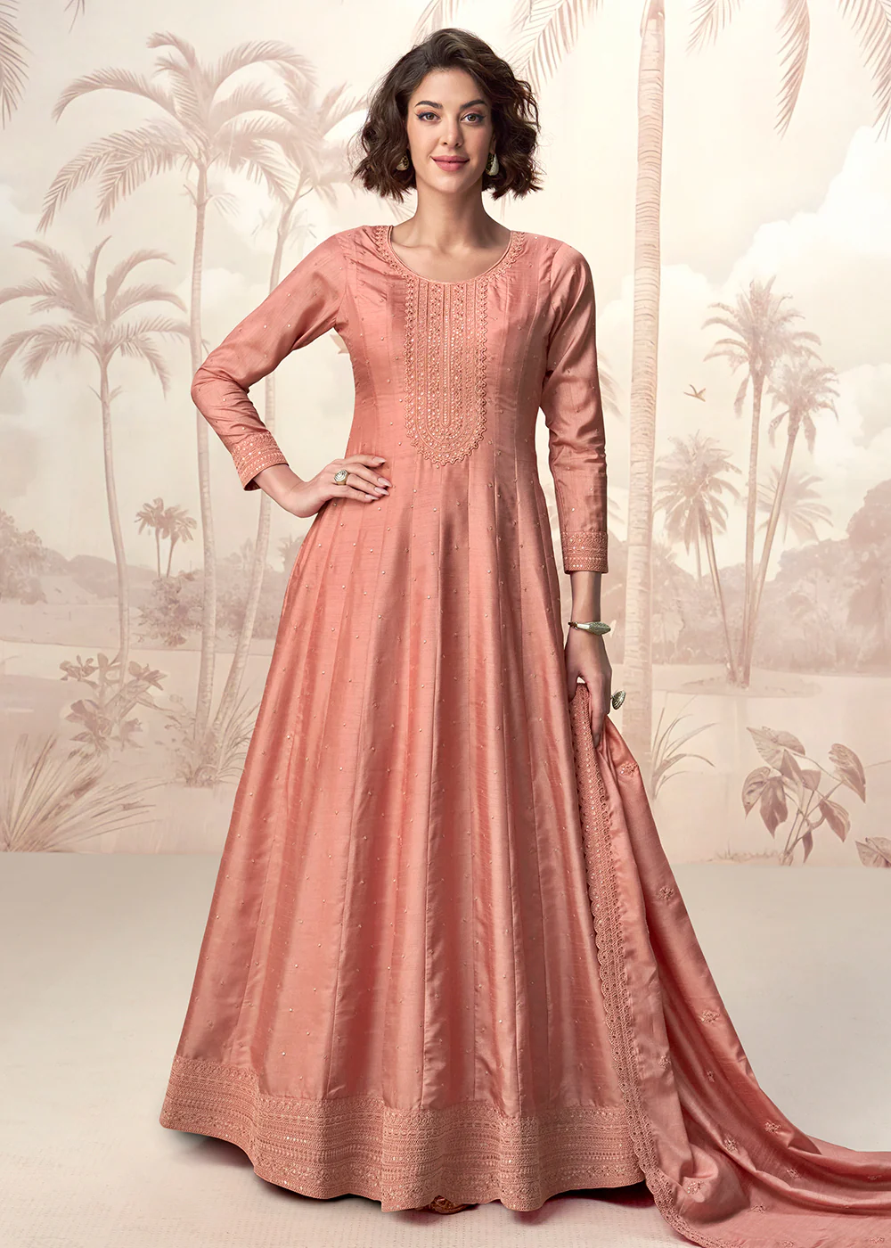 Premium Silk Peach Embroidered Wedding Wear Anarkali Suit