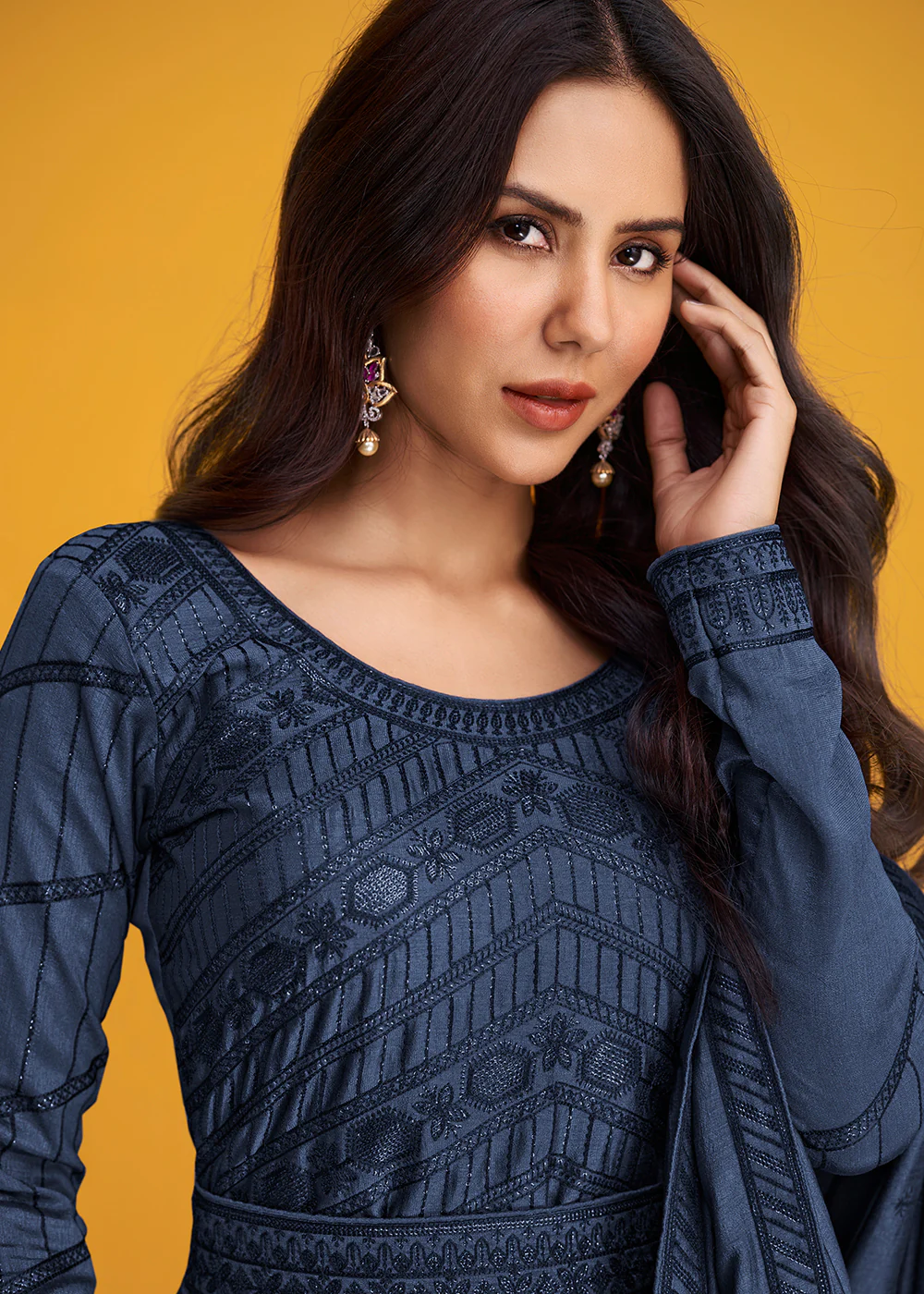 Premium Silk Pigeon Blue Embroidered Wedding Anarkali Suit - Image 2