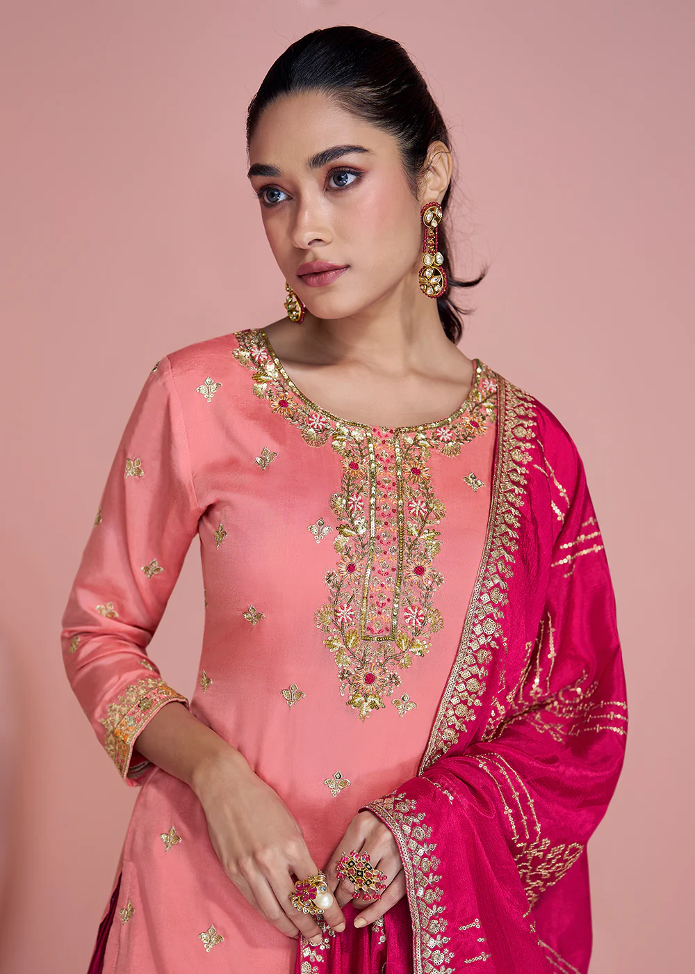 Premium Silk Pink Embroidered Sharara Style Suit - Image 2
