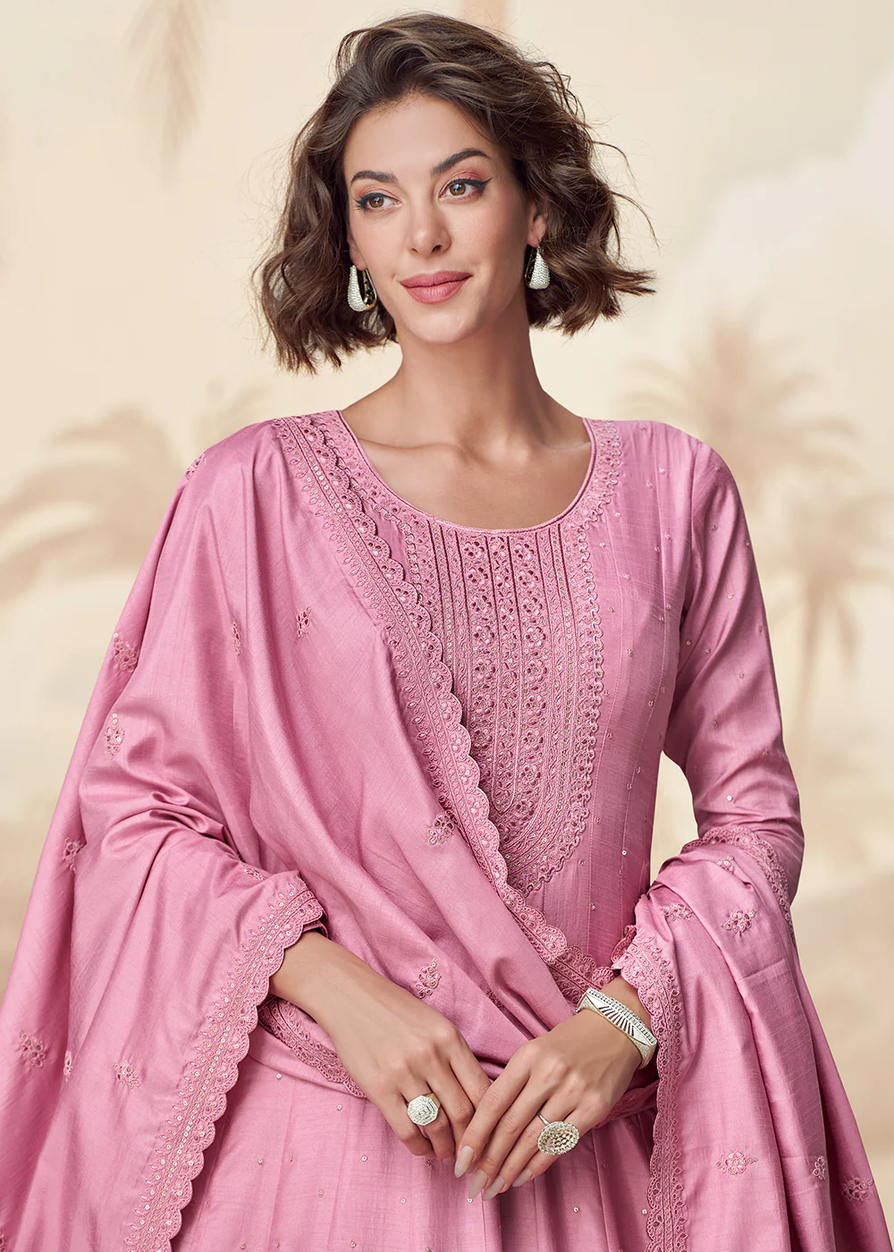Premium Silk Pink Embroidered Wedding Wear Anarkali Suit - Image 2