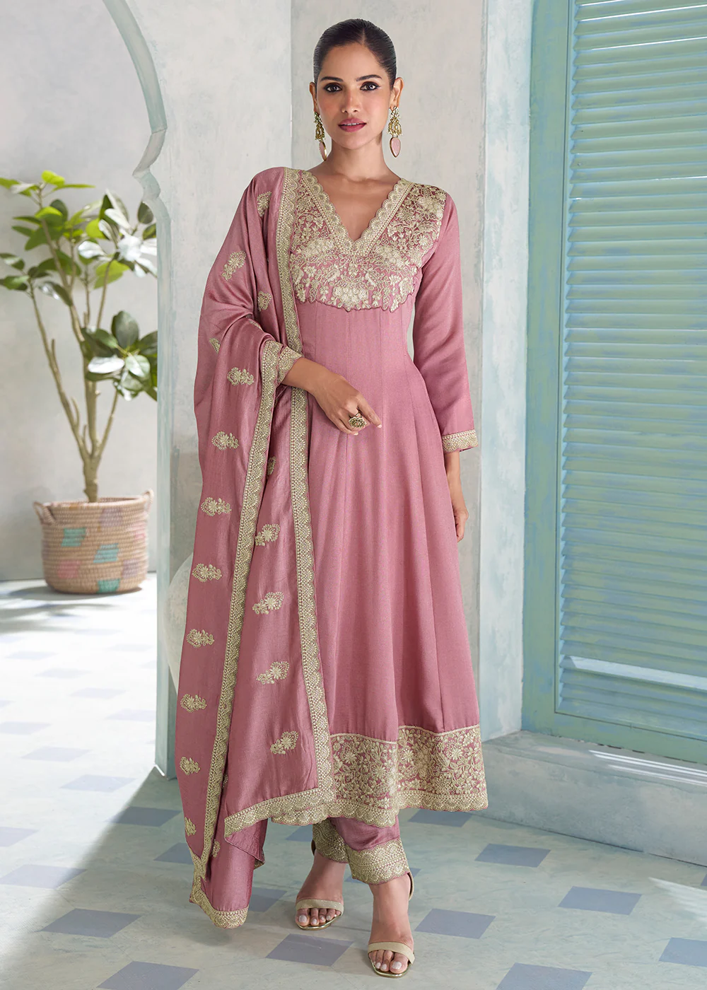 Premium Silk Pink Wedding Festive Anarkali Style Suit
