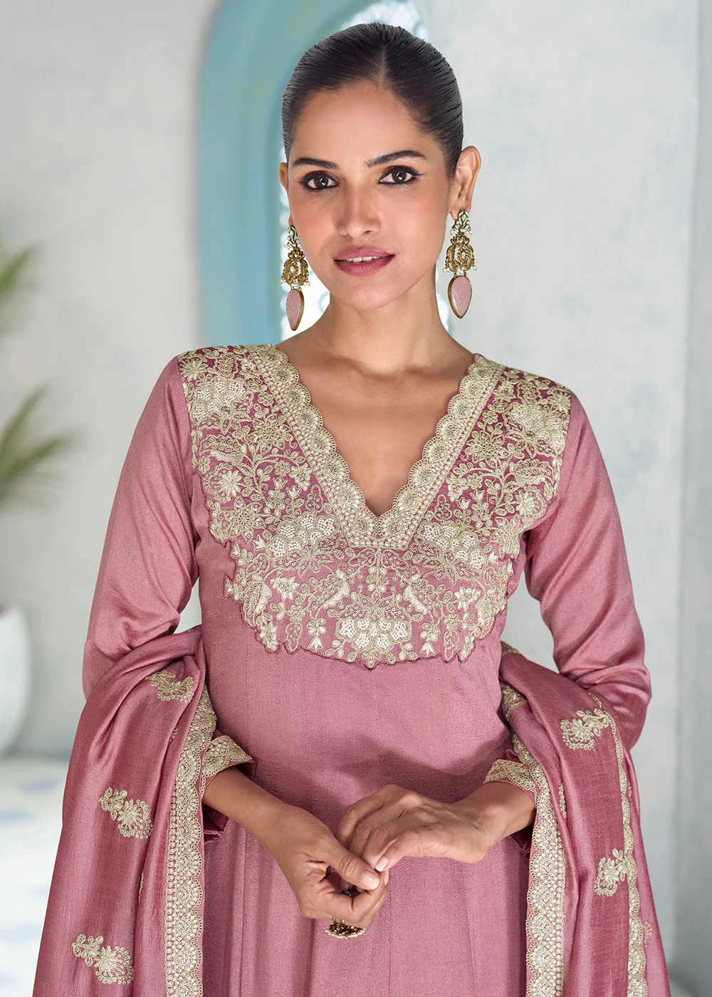 Premium Silk Pink Wedding Festive Anarkali Style Suit - Image 2
