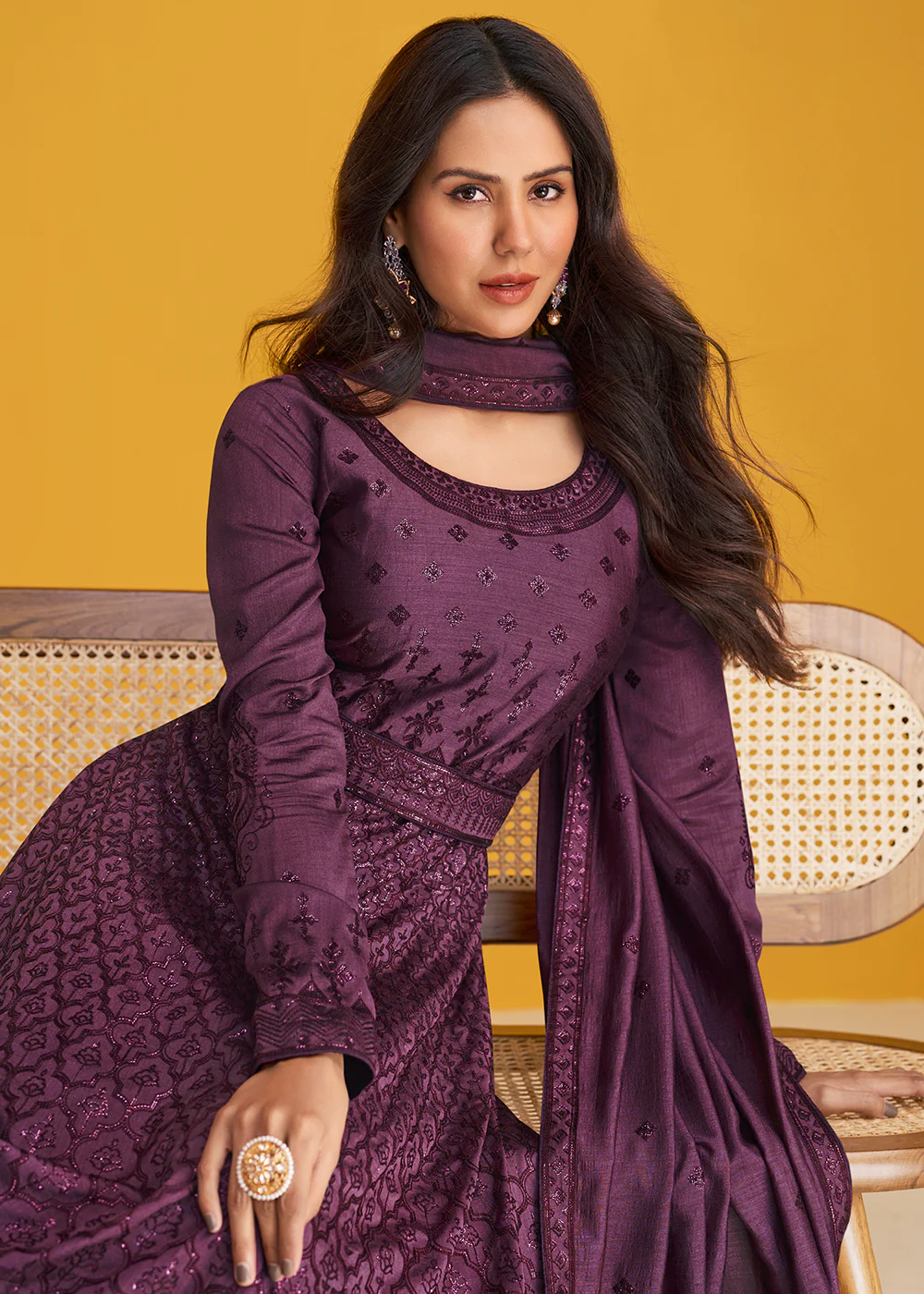 Premium Silk Plum Purple Embroidered Wedding Anarkali Suit - Image 2