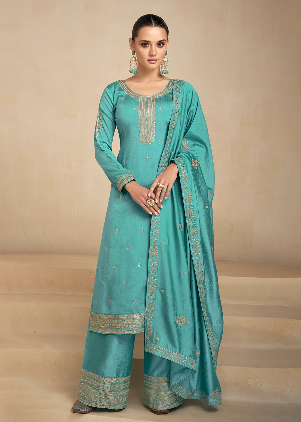 Premium Silk Pretty Blue Embroidered Straight Pant Salwar Suit