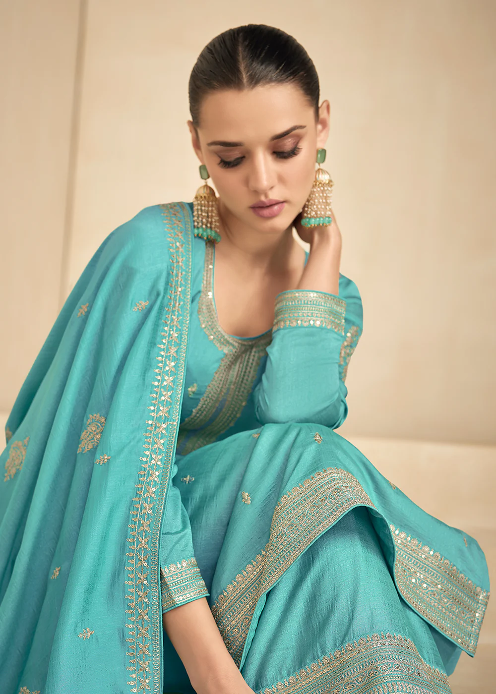 Premium Silk Pretty Blue Embroidered Straight Pant Salwar Suit - Image 4