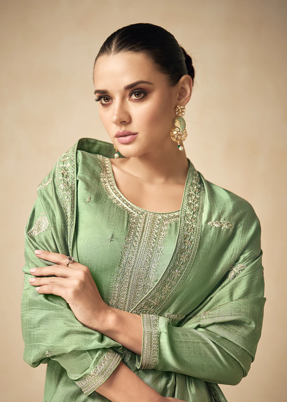 Premium Silk Pretty Green Embroidered Straight Pant Salwar Suit - Image 2