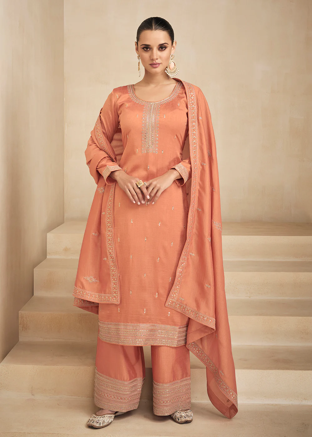 Premium Silk Pretty Orange Embroidered Straight Pant Salwar Suit