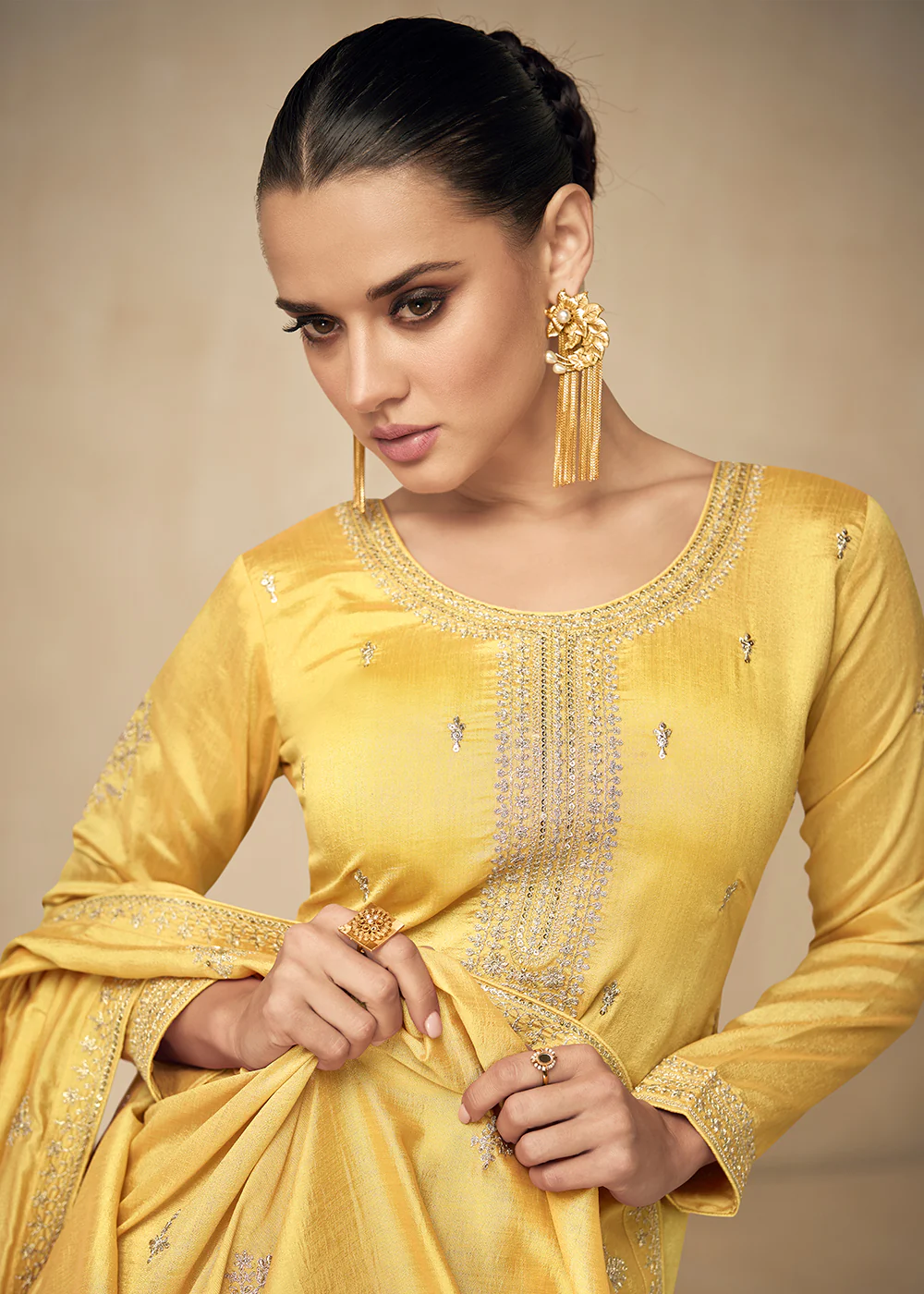 Premium Silk Pretty Yellow Embroidered Straight Pant Salwar Suit - Image 2