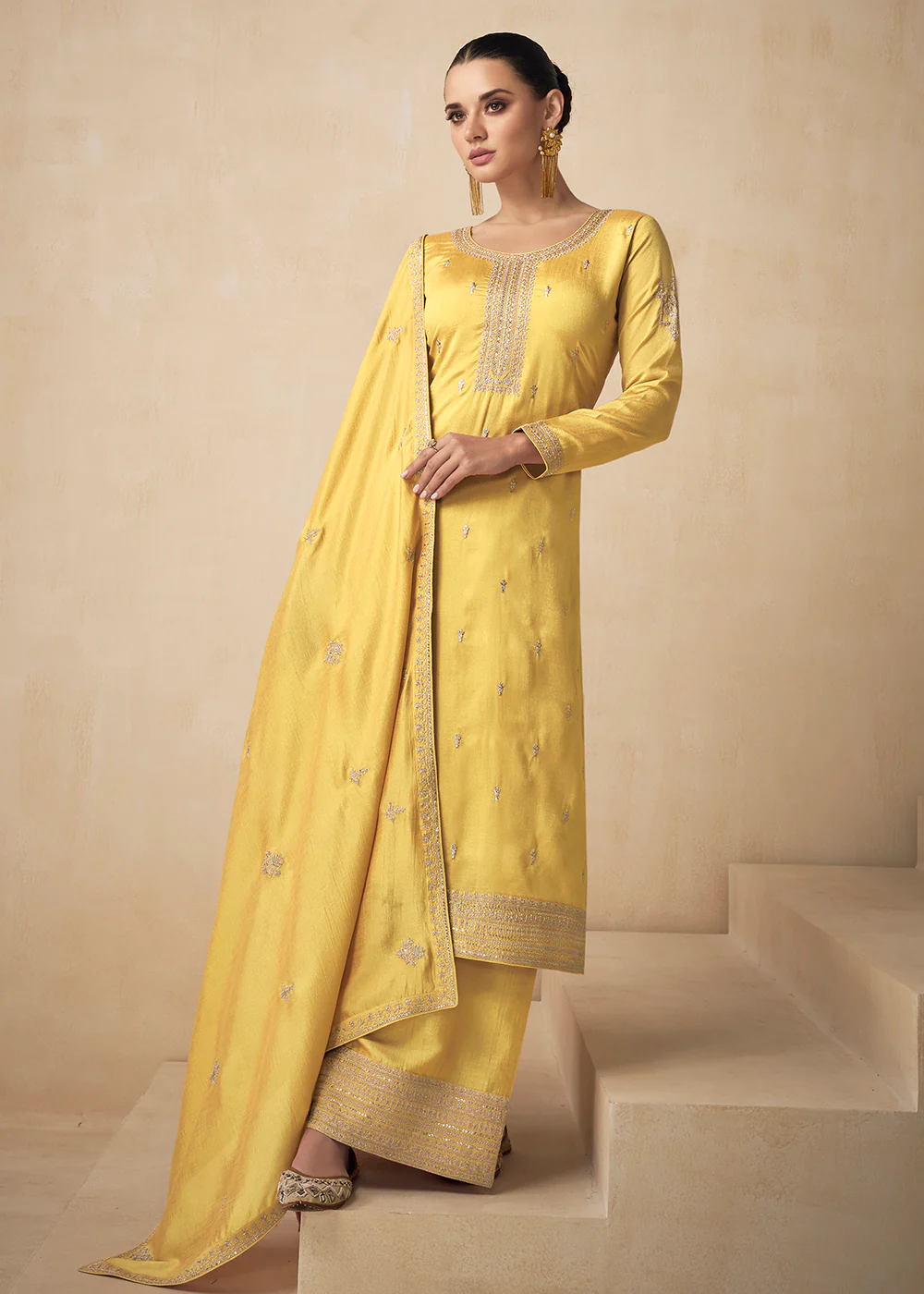 Premium Silk Pretty Yellow Embroidered Straight Pant Salwar Suit - Image 3