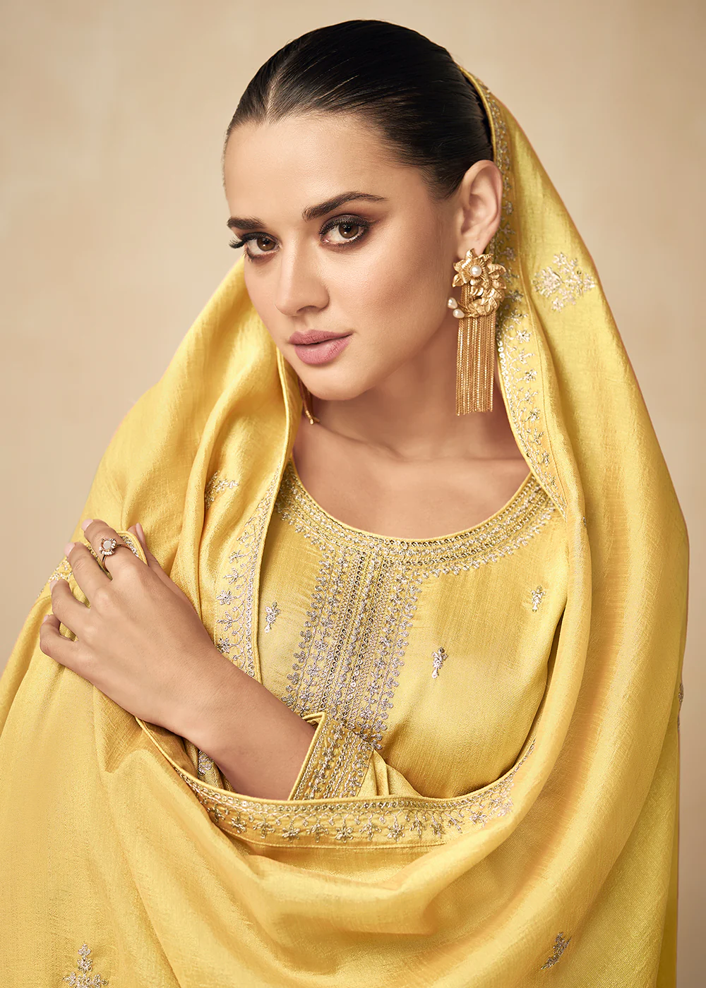 Premium Silk Pretty Yellow Embroidered Straight Pant Salwar Suit - Image 4