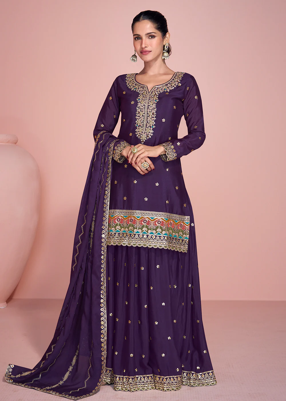 Premium Silk Purple Embroidered Sharara Style Suit