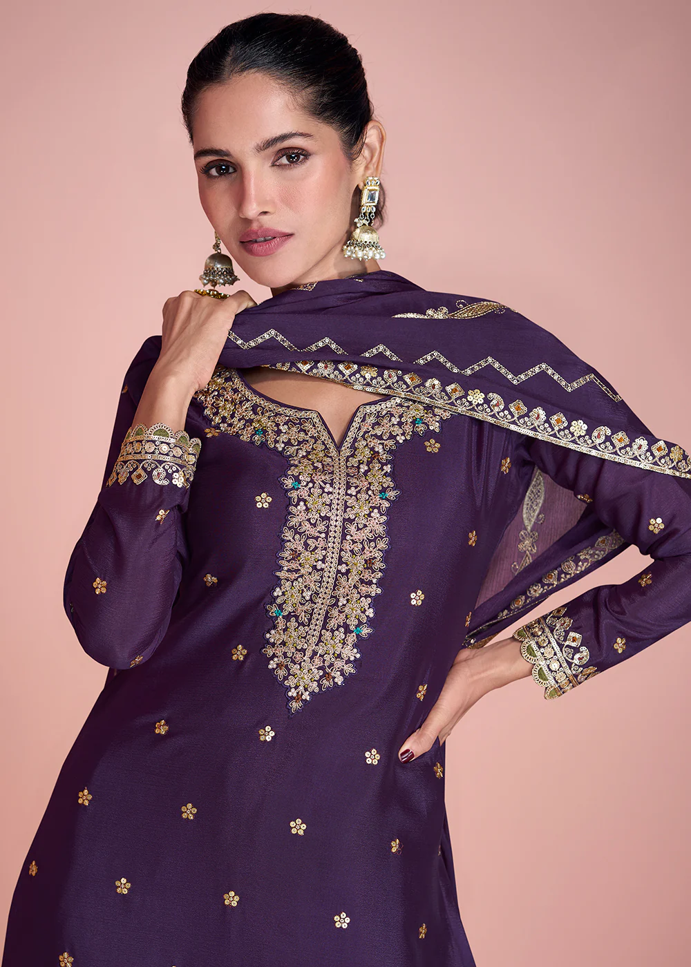 Premium Silk Purple Embroidered Sharara Style Suit - Image 2