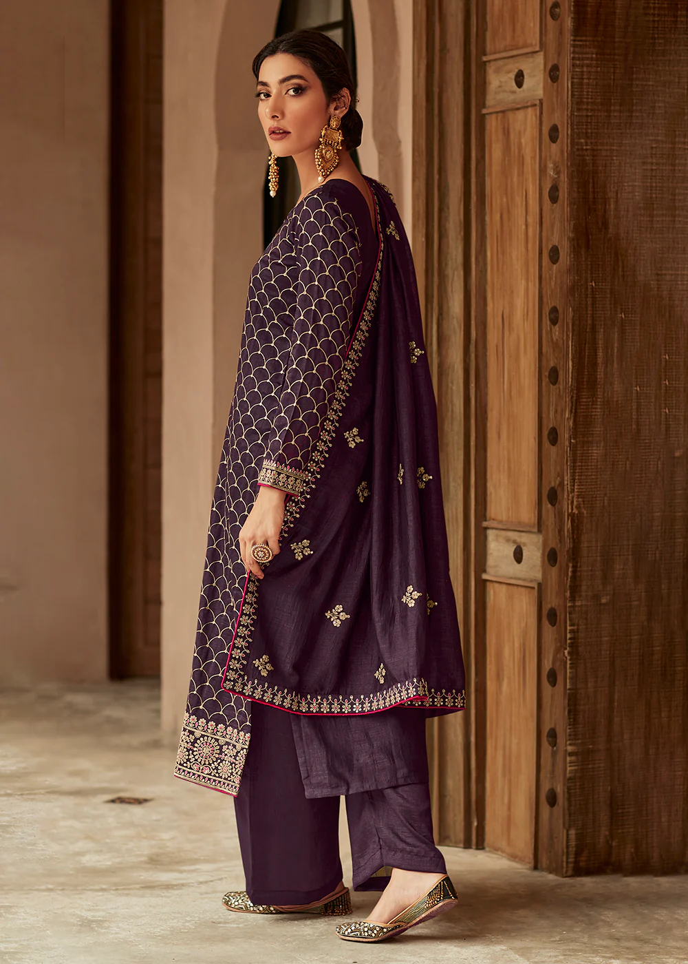 Premium Silk Purple & Gold Embroidered Indian Salwar Kameez - Image 3