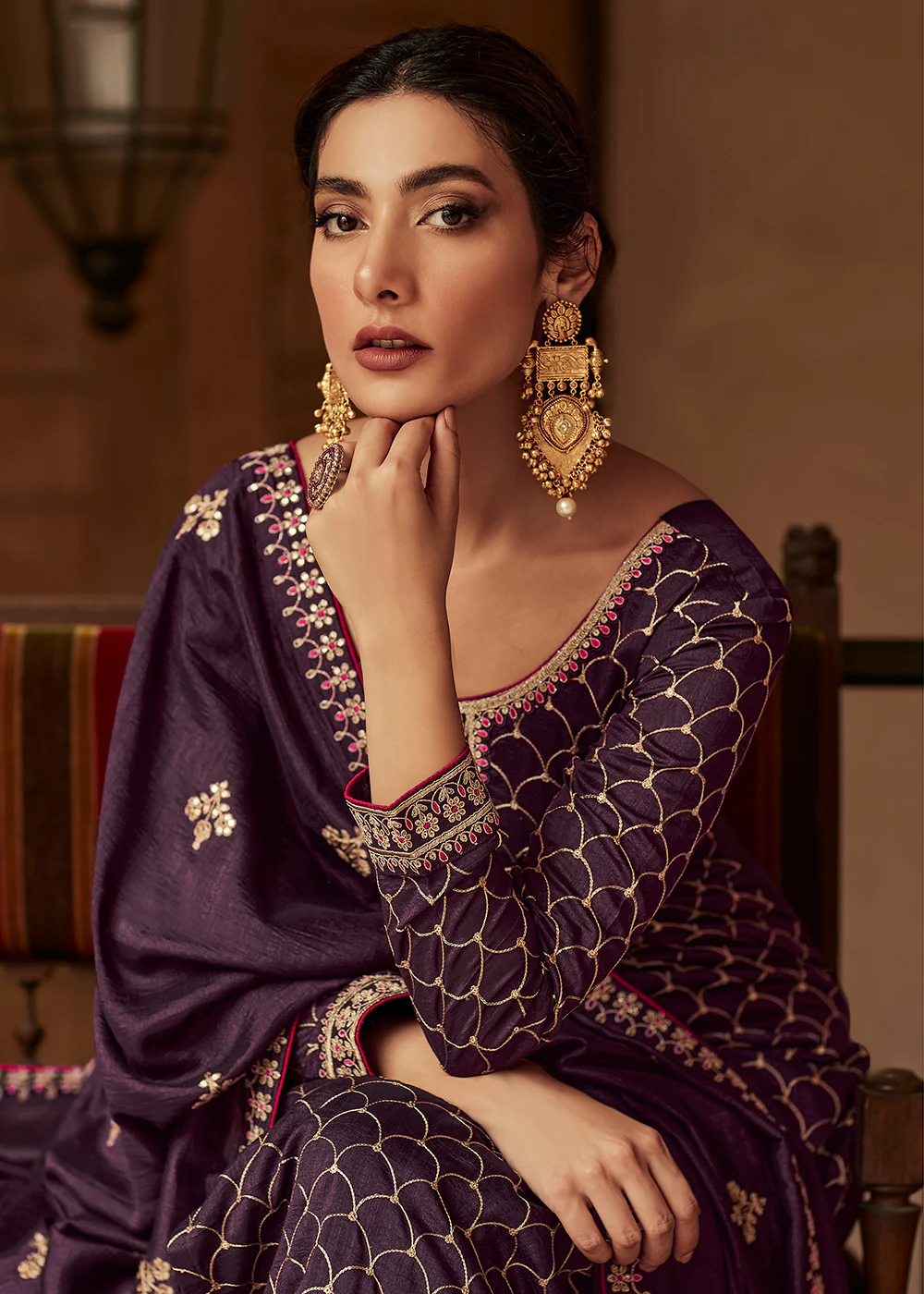 Premium Silk Purple & Gold Embroidered Indian Salwar Kameez - Image 4