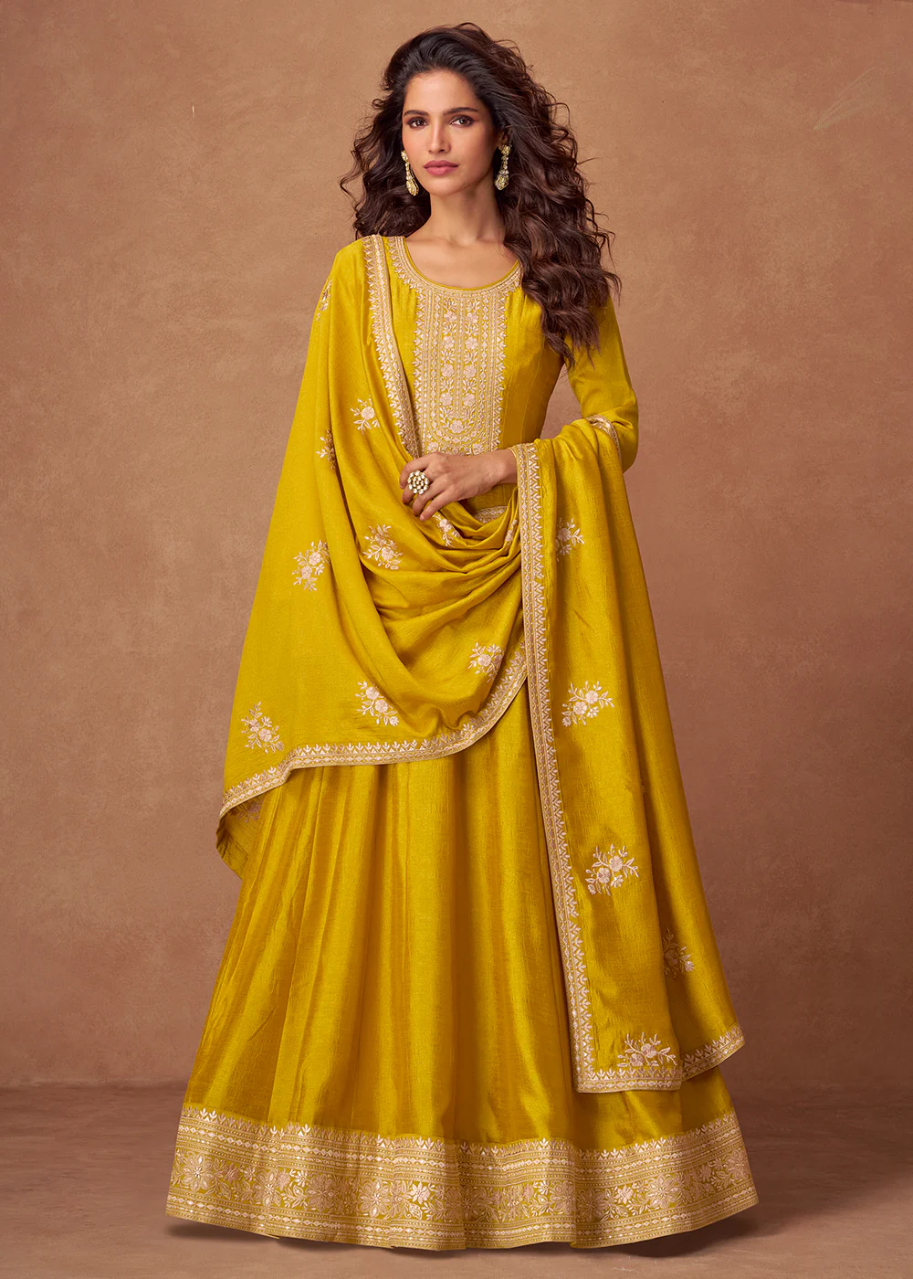 Premium Silk Yellow Embroidered Festive Wear Anarkali Suit - Image 3