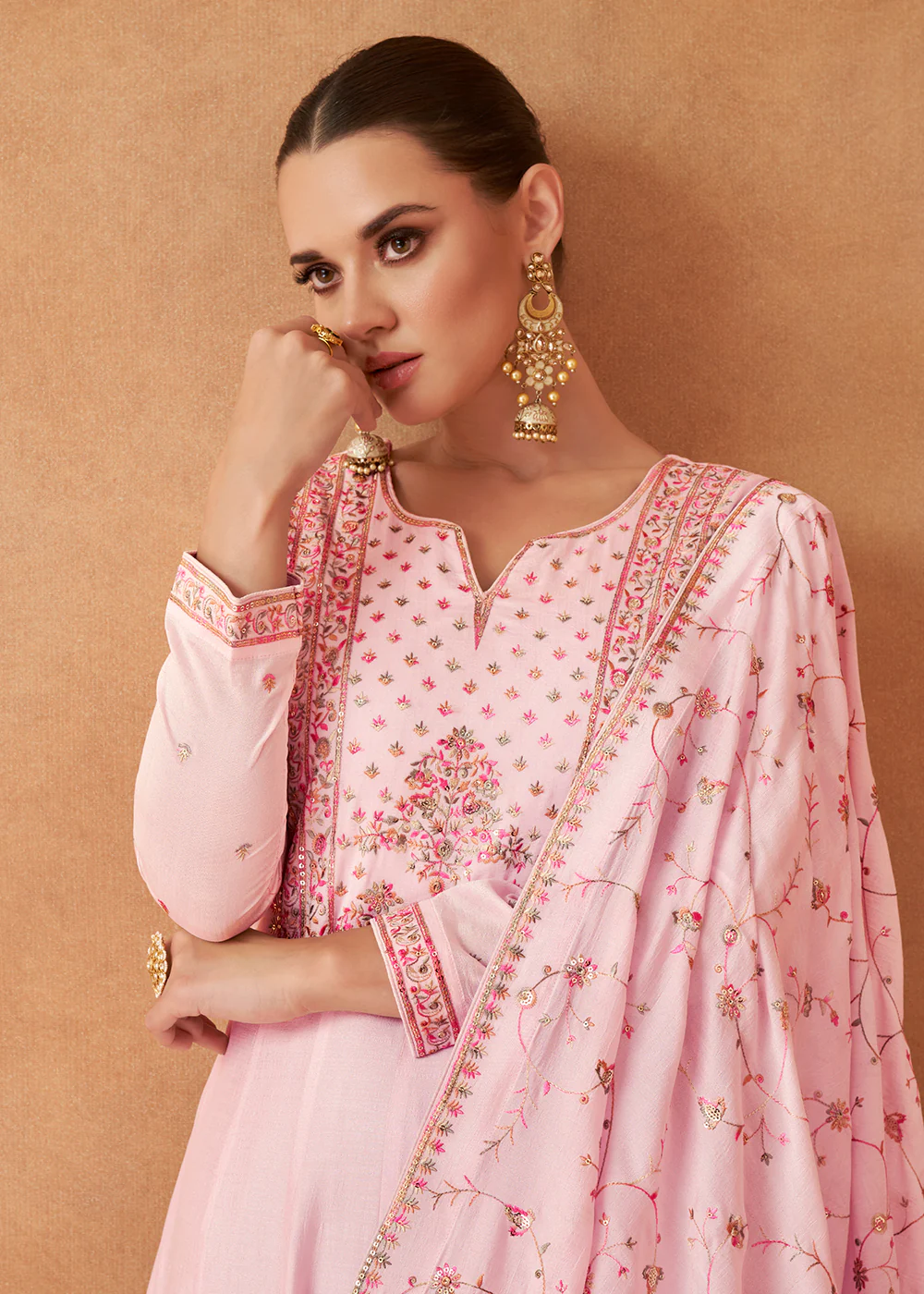 Premium Soft Pink Sequins & Thread Designer Anarkali Suit - Image 2