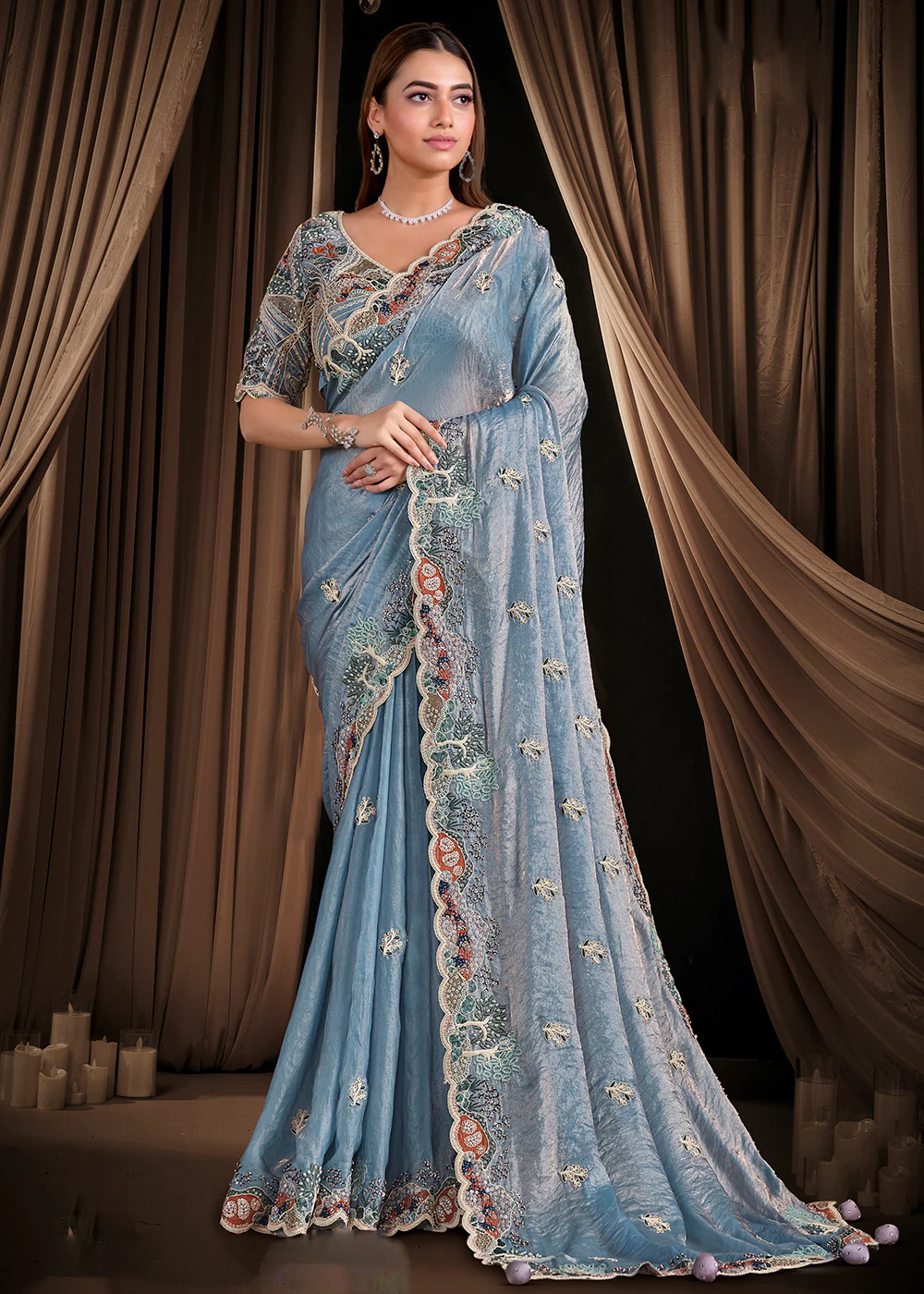 Premium Steel Blue Embroidered Heavy Designer Wear Saree