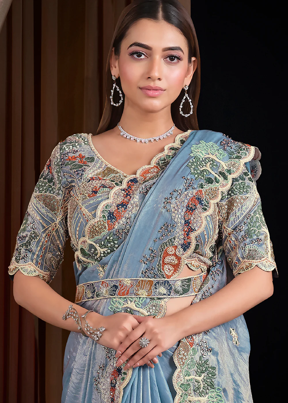Premium Steel Blue Embroidered Heavy Designer Wear Saree - Image 2