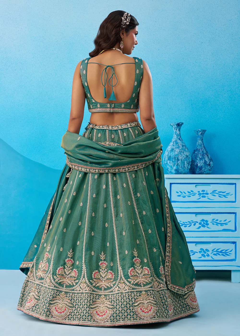 Premium Teal Tissue Floral Embroidered Lehenga Choli - Image 3
