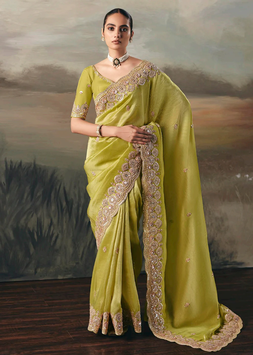 Premium Tissue Zari Fabric Green Designer Saree