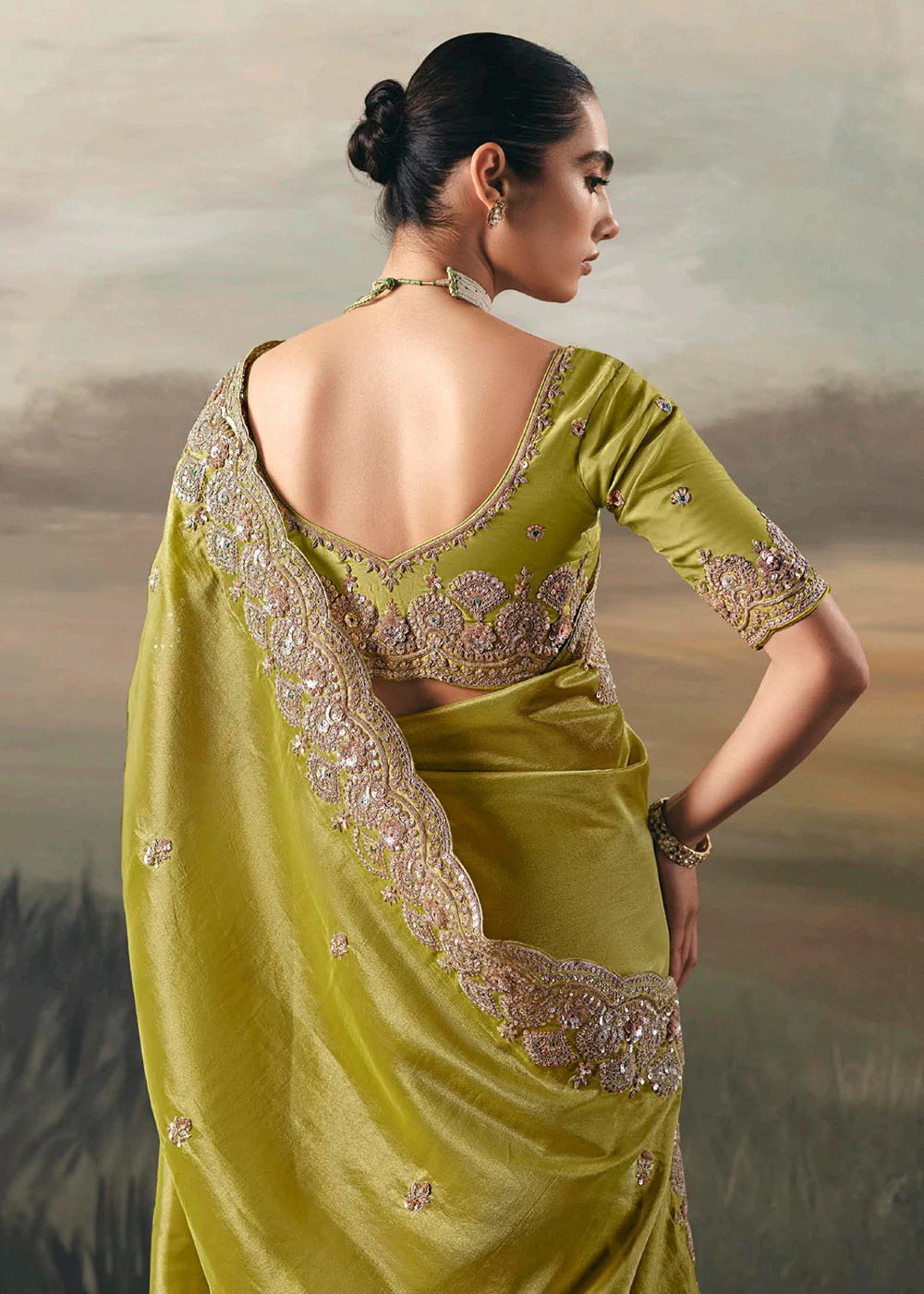 Premium Tissue Zari Fabric Green Designer Saree - Image 3