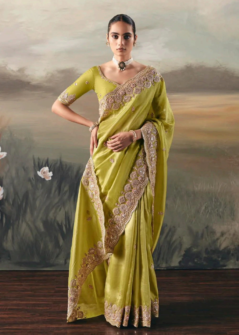 Premium Tissue Zari Fabric Green Designer Saree - Image 4