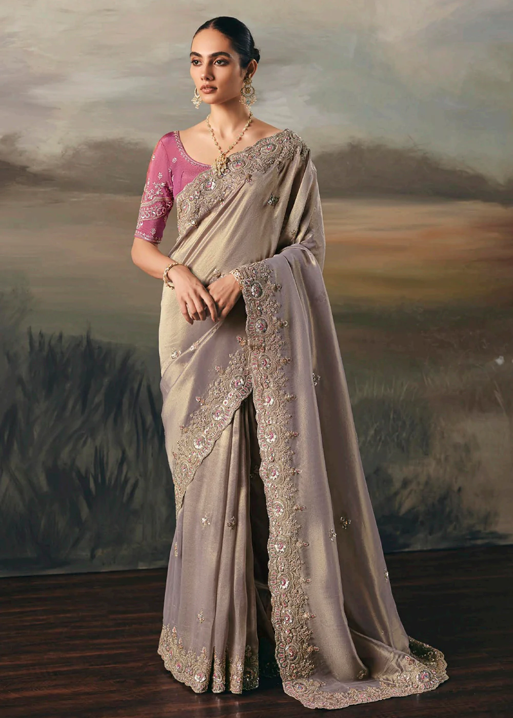Premium Tissue Zari Fabric Grey Designer Saree