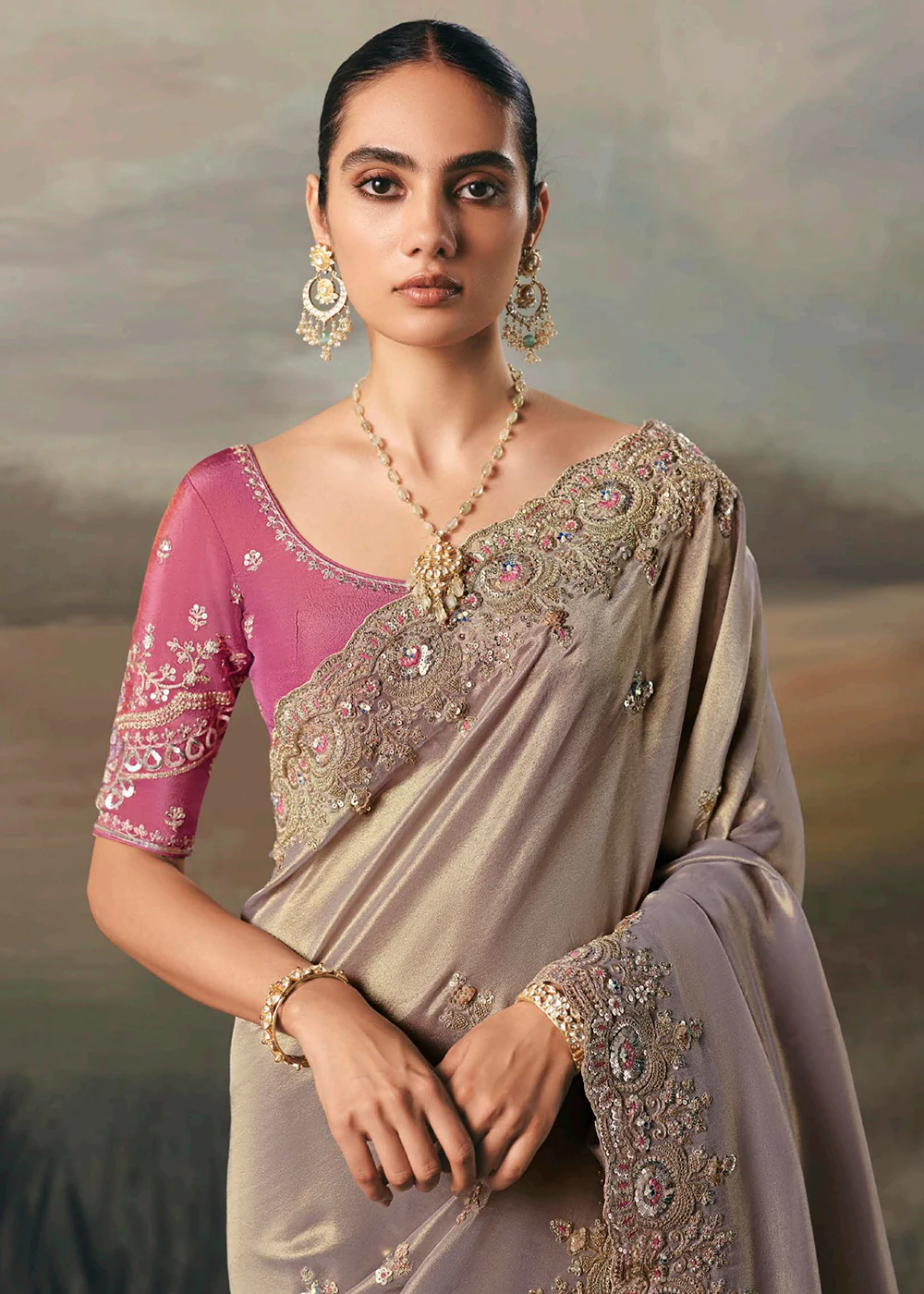 Premium Tissue Zari Fabric Grey Designer Saree - Image 2