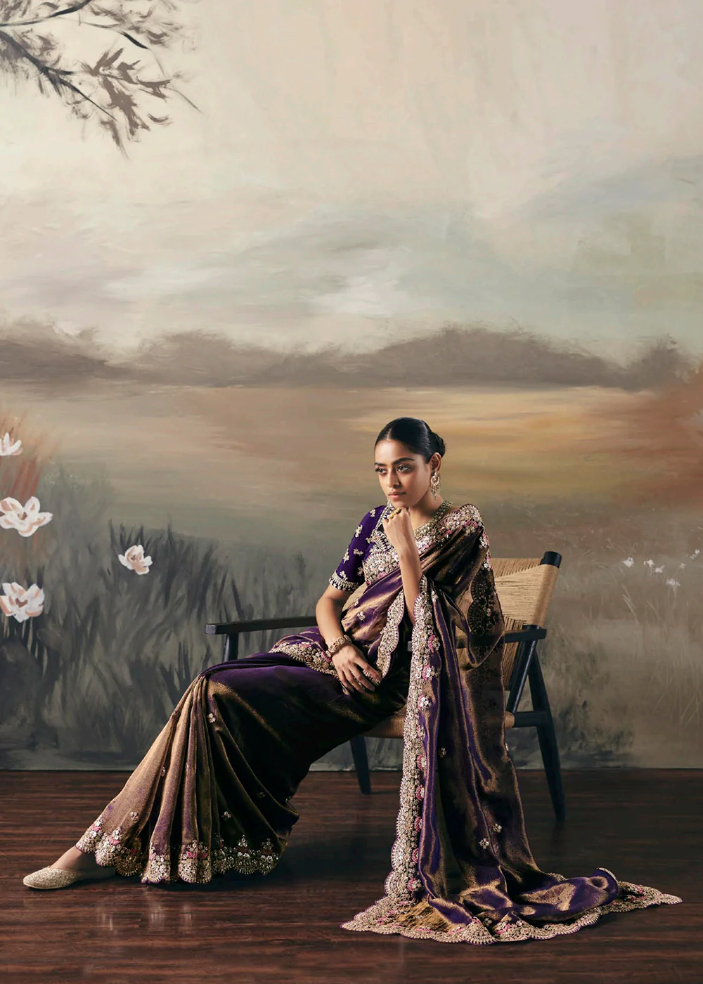 Premium Tissue Zari Fabric Purple Designer Saree - Image 4