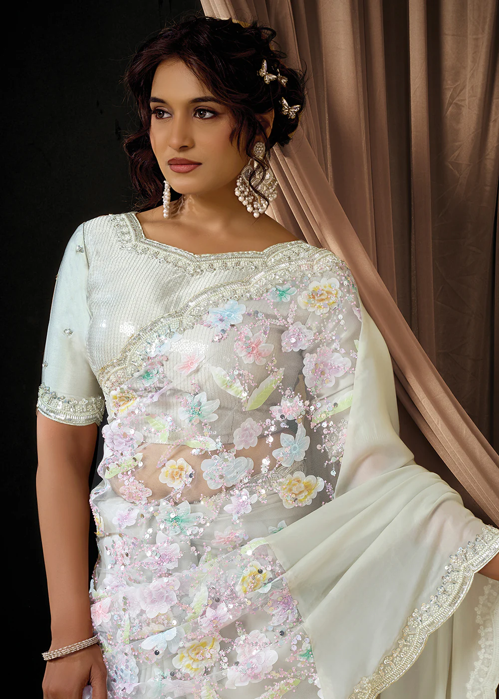 Premium White Embroidered Heavy Designer Wear Saree - Image 2
