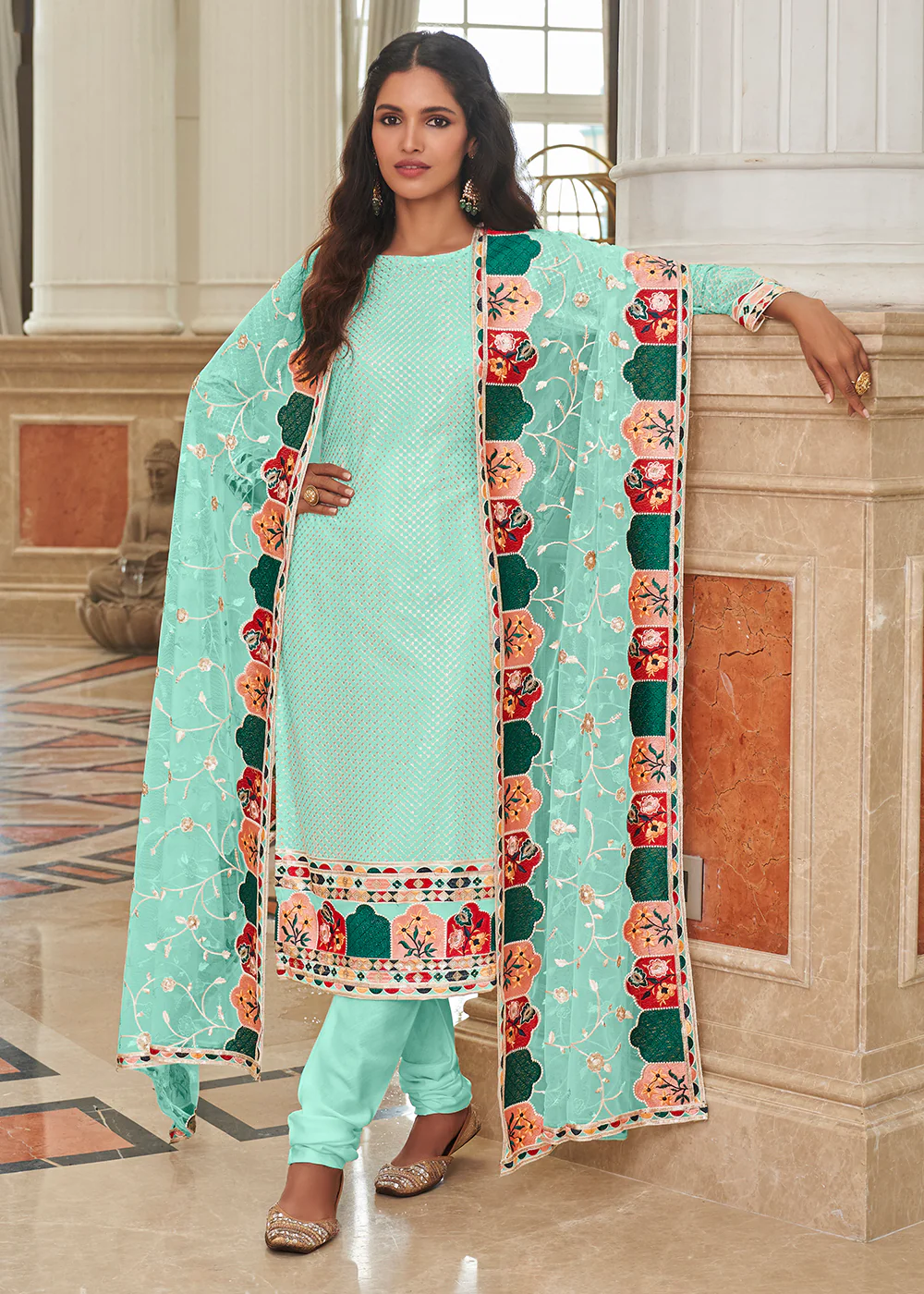 Pretty Aqua Blue Traditional Sequins Eid Wear Salwar Suit
