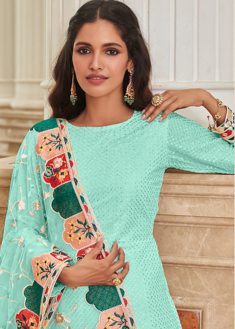 Pretty Aqua Blue Traditional Sequins Eid Wear Salwar Suit - Image 2