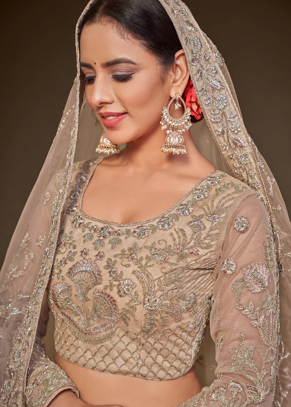 Pretty Beige Embroidered Soft Net Wedding Lehenga Choli - Image 2