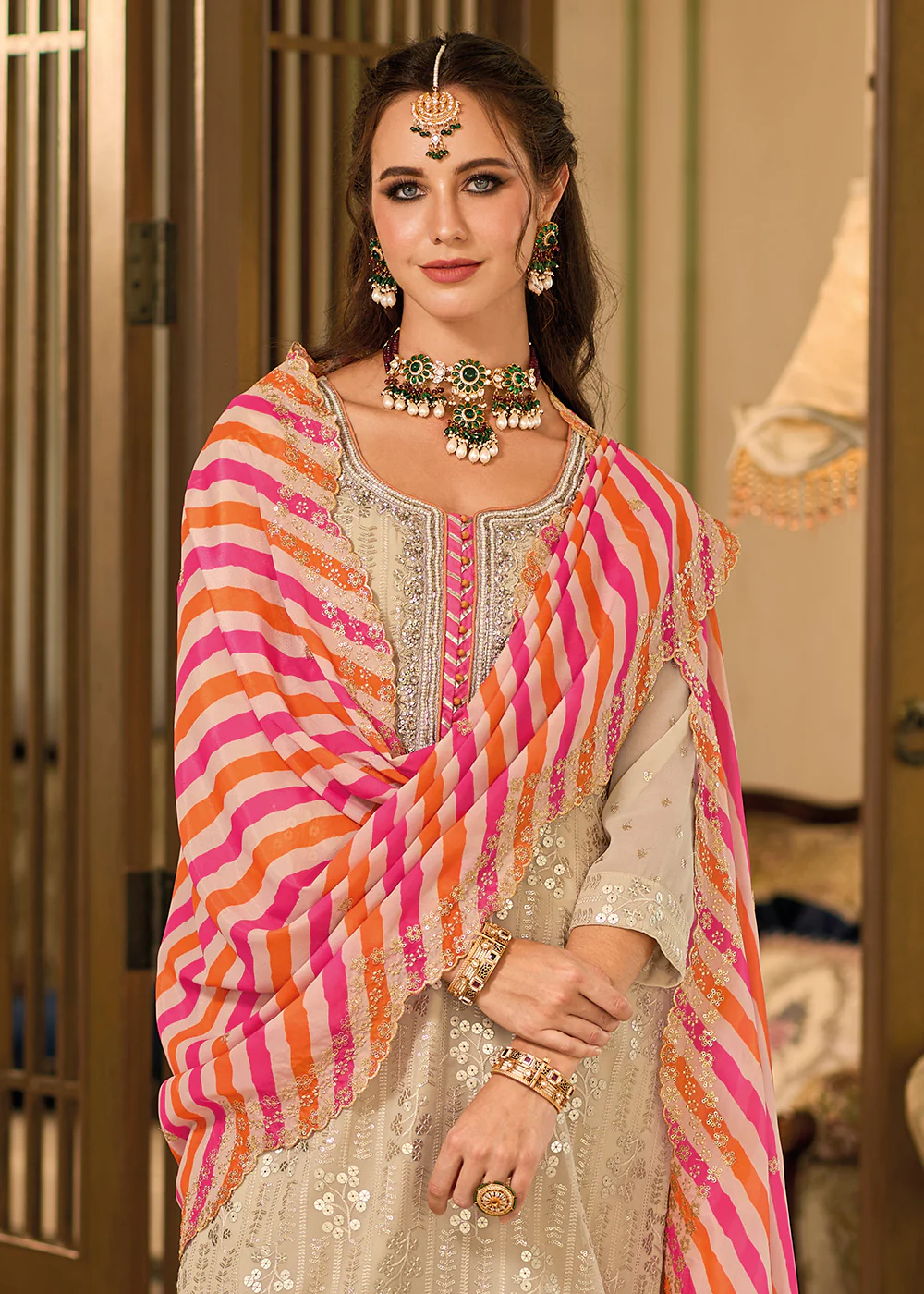Pretty Beige Khatli Embroidered Gharara Style Dress - Image 2