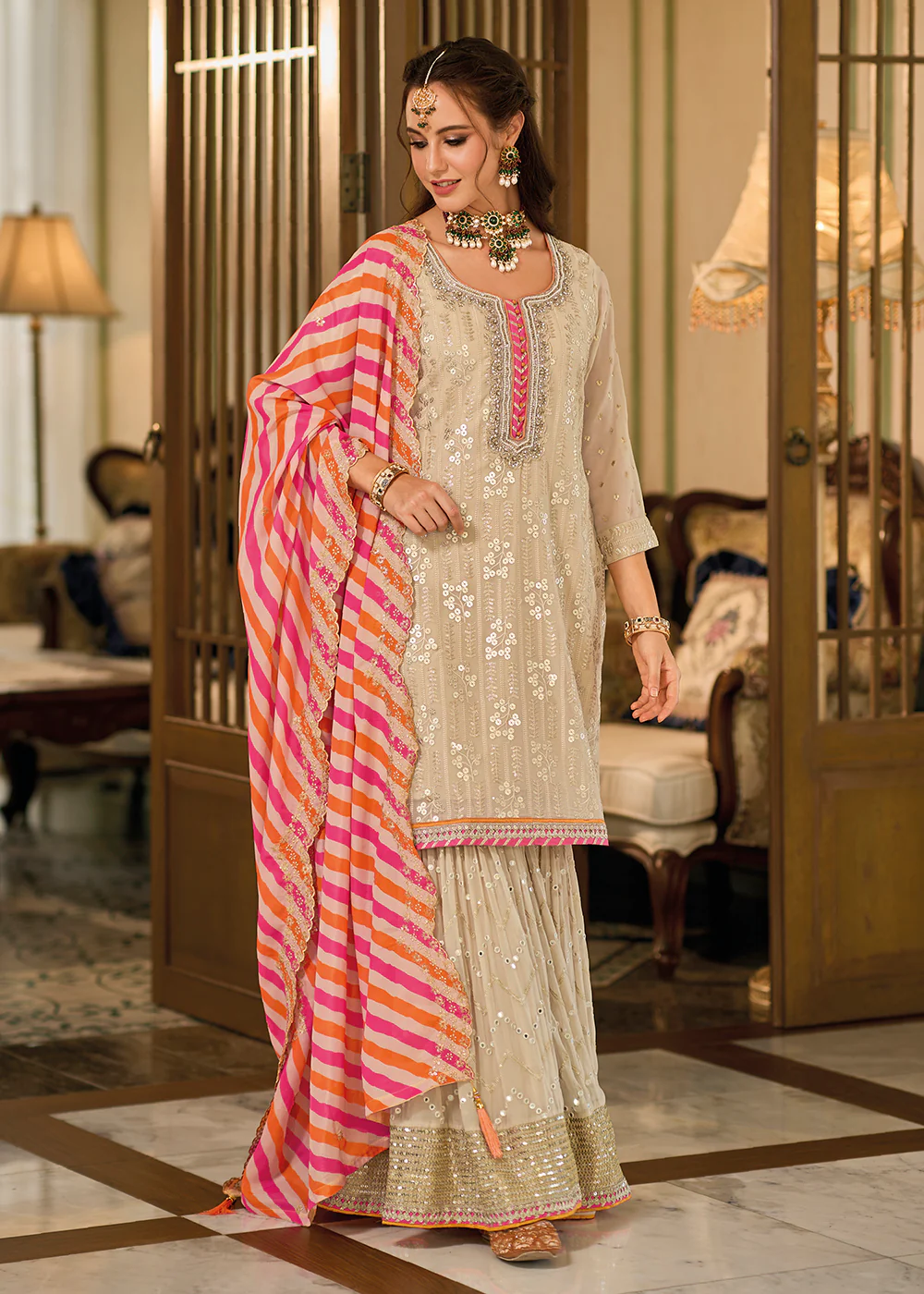 Pretty Beige Khatli Embroidered Gharara Style Dress - Image 3