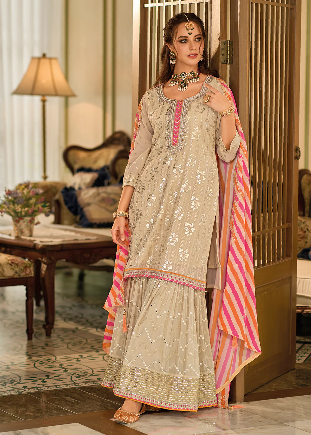 Pretty Beige Khatli Embroidered Gharara Style Dress - Image 4