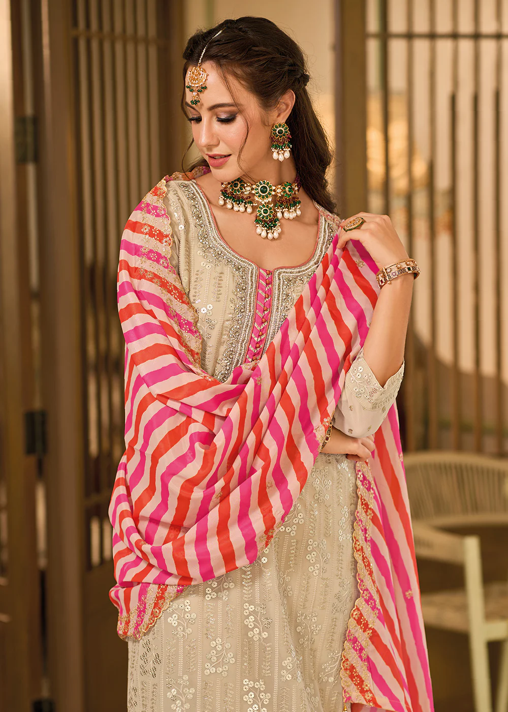 Pretty Beige Khatli Embroidered Gharara Style Dress - Image 5