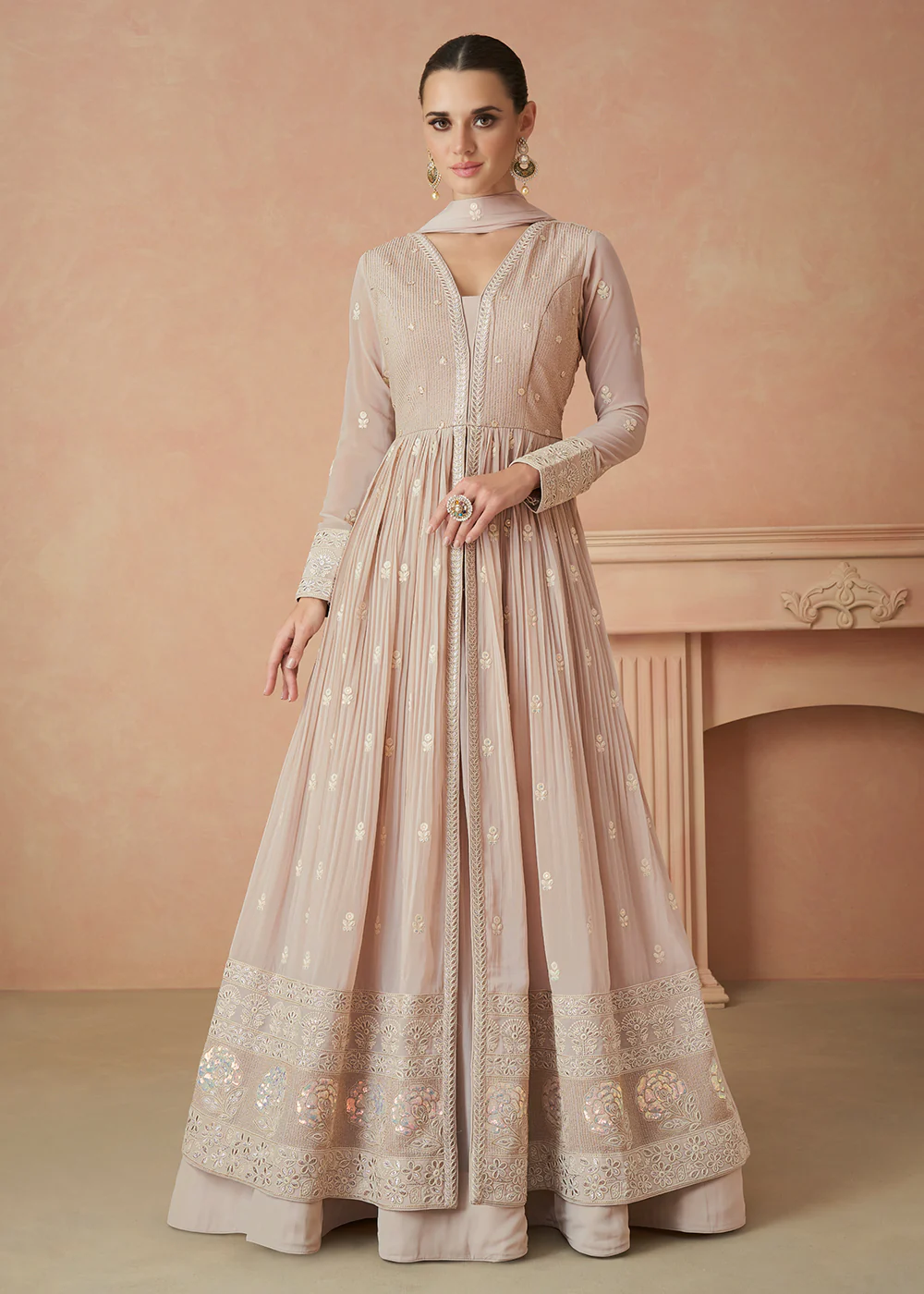 Pretty Beige Sequins Embroidered Georgette Designer Gown