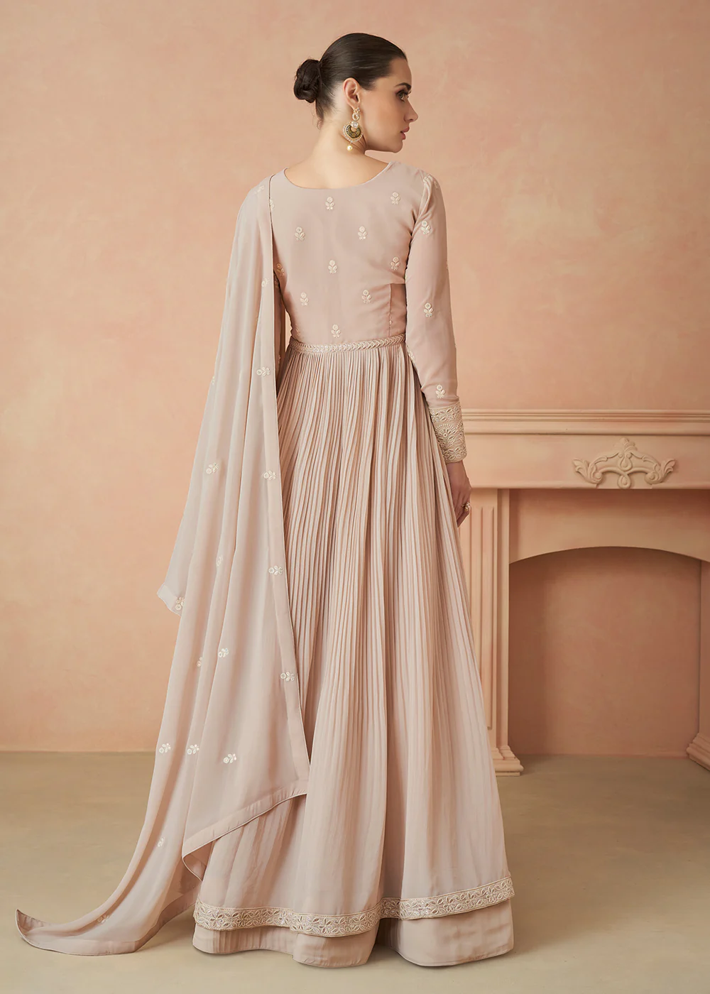 Pretty Beige Sequins Embroidered Georgette Designer Gown - Image 3